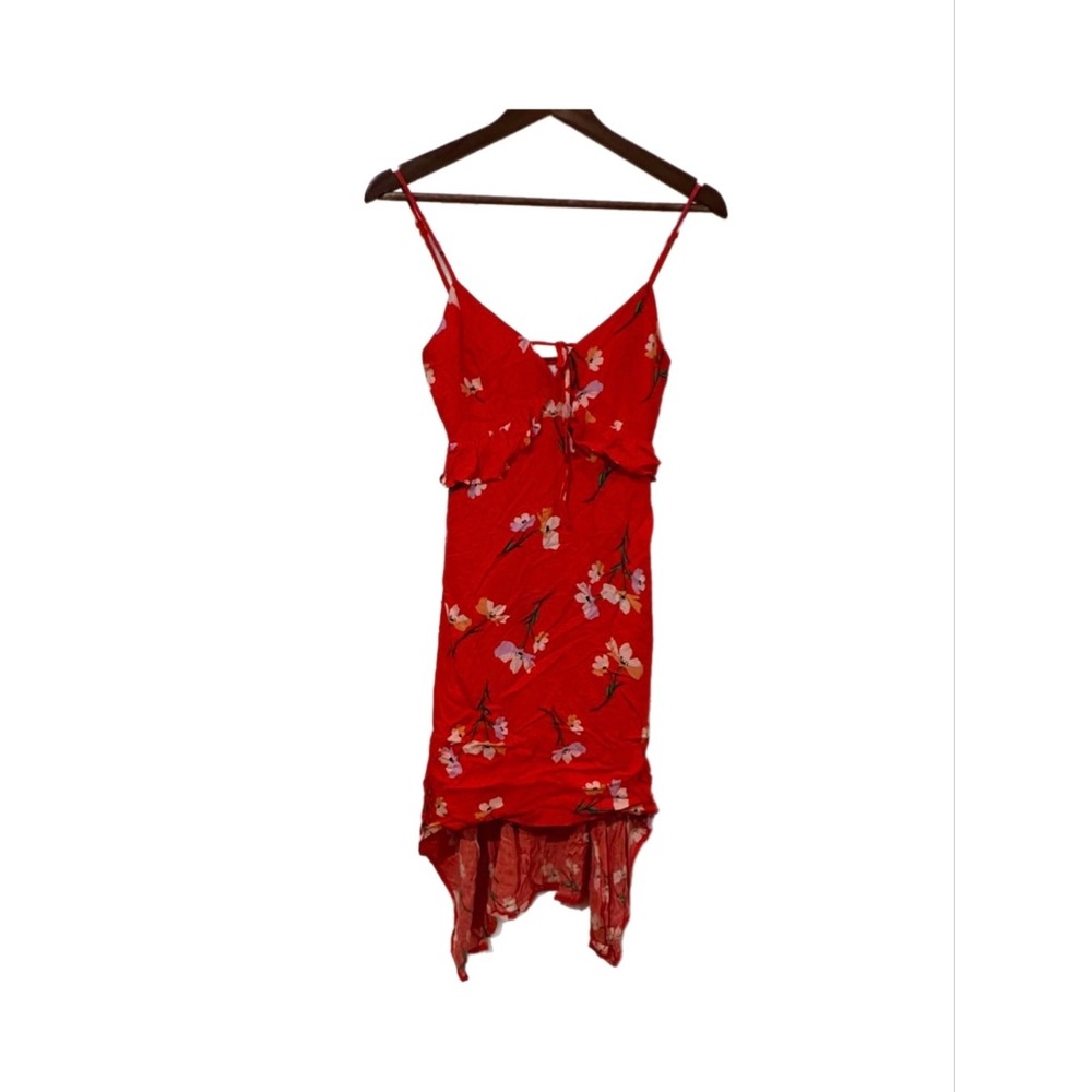 Jack by BB Dakota Dress Womens 2 Red Floral Excellent Handkerchief Hem Ruffle